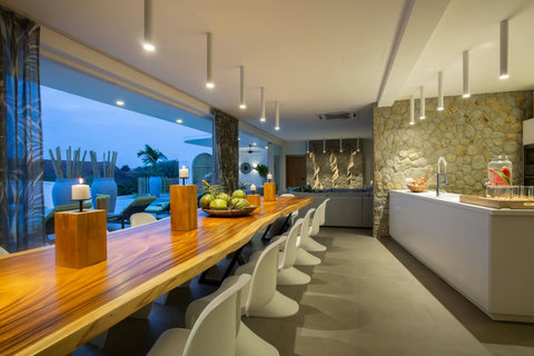 Open-air dining pavilion with elegant table setting for 12 guests at C Villa, Koh Samui luxury rental
