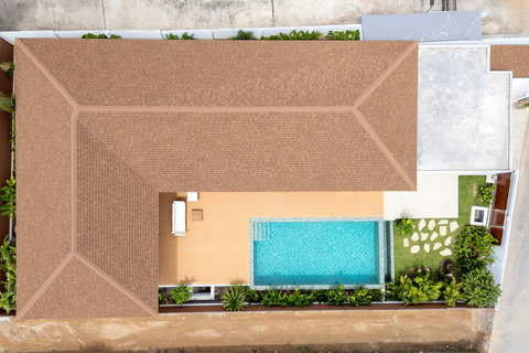 Aerial view of modern pool villa Mark Marlow Koh Samui Thailand