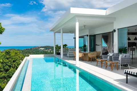 Villa exterior showcasing the private pool and modern architecture