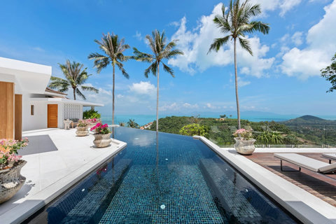 Infinity pool with panoramic Gulf of Thailand ocean views and tropical palm trees - Villa Caprice 5-bedroom luxury hillside retreat Santi Thani Bangpor Mae Nam Koh Samui