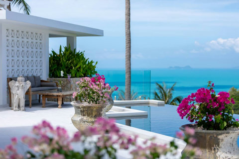 Pool terrace with vibrant bougainvillea flowers and stunning turquoise ocean views - Villa Caprice 5-bedroom luxury hillside retreat Santi Thani Bangpor Mae Nam Koh Samui