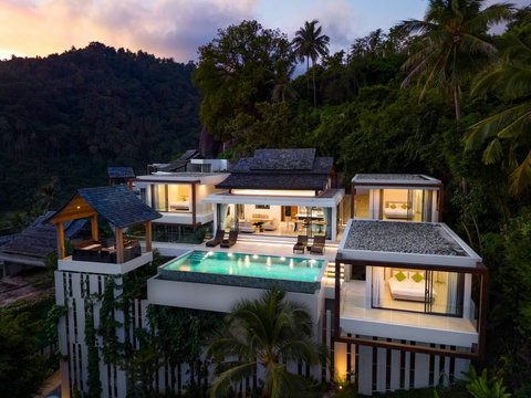 Elegant open-air living pavilion at Villa Ariya Koh Samui - Traditional Thai design with vaulted wooden ceiling