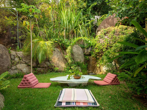 Vibrant tropical garden with towering palms and exotic ferns at Villa Soluna private estate in Koh Samui