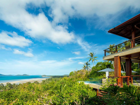 Dramatic coastline and turquoise ocean panorama from Villa Soluna's private viewpoint in Koh Samui Thailand