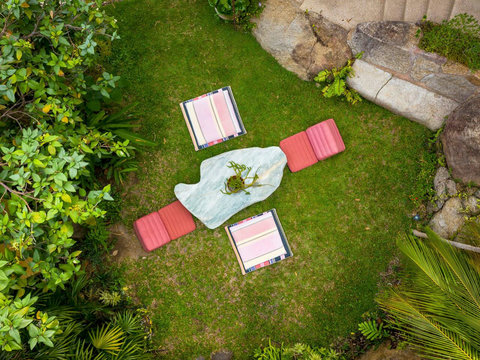 Aerial drone view of Villa Soluna compound with private pool and traditional Thai-style roofing in Koh Samui