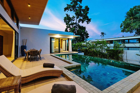 Stunning sunset terrace view - Private pool with tropical garden and evening ambiance
