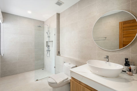 Modern rainfall shower bathroom with designer vanity at Sawasdee Pool Villas, Bophut