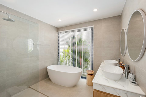 Spa-inspired bathroom with vessel sink and tropical greenery, Elysium Villa Koh Samui