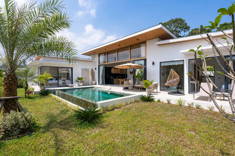 Modern contemporary villa exterior with tropical landscaping in Bophut, Koh Samui