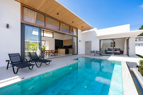 Beautiful villa garden view with modern architecture, lush tropical plants, and green manicured landscaping surroundings