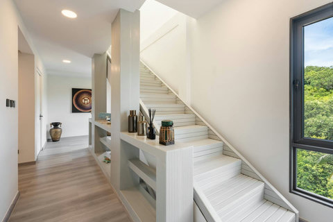 Modern interior stairway and hallway at Villa J3, Replay Residence Bangrak Koh Samui