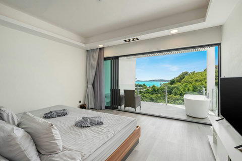 Panoramic sea view terrace with glass railing at Villa J3, Replay Residence Bangrak Koh Samui