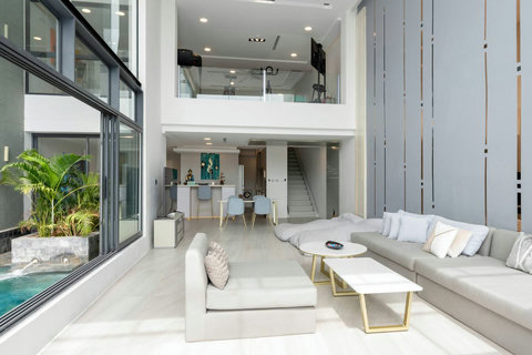 Modern interior hallway with staircase at Villa J3, Replay Residence Bangrak Koh Samui