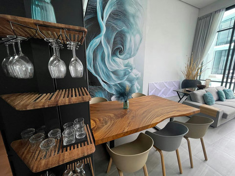 Stylish bar area with designer lighting inside Villa Q1, Bangrak Koh Samui
