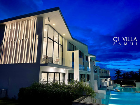 Villa Q1 exterior at twilight with pool, Replay Residence Bangrak Koh Samui