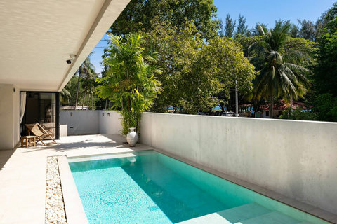 Aerial view of pool surrounded by tropical gardens