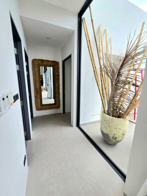 Villa entrance pathway with tropical landscaping
