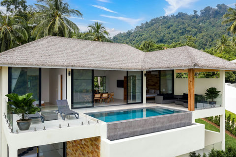 Aerial view of private pool and thatched pavilion surrounded by tropical gardens, Koh Samui