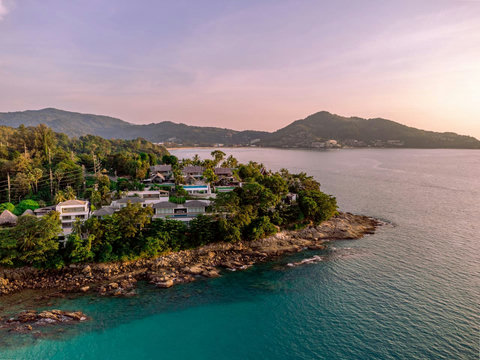Aerial view of secluded cove and coastline near Laemsingh Villa, Surin Beach Phuket