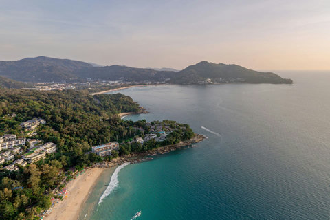 Panoramic view of Surin Beach bay with mountains and turquoise sea near Laemsingh Villa