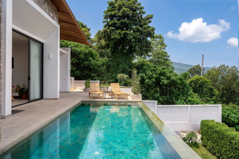 Sparkling private pool with mountain backdrop at Villa Ombra, Mae Nam vacation rental