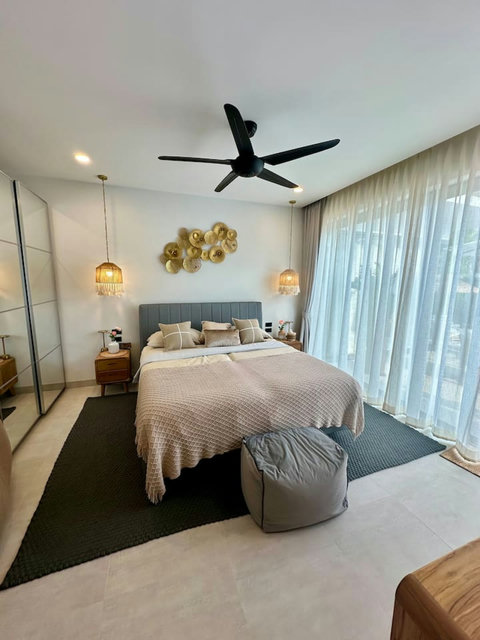 Bedroom with woven pendant lighting and elegant decor at Villa Amala 3BR pool villa Koh Samui.