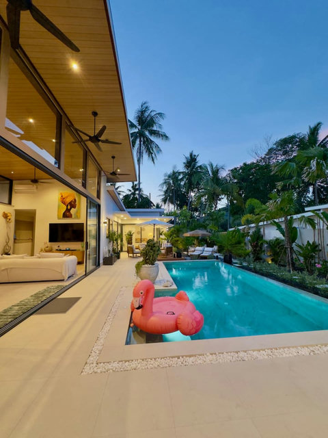 Daytime view of Villa Amala's private pool, sun loungers and tropical garden – 3BR pool villa Koh Samui.