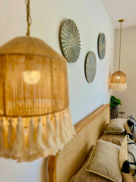 Hand-woven pendant lights add Balinese charm to Villa Amala 3BR pool villa Koh Samui.