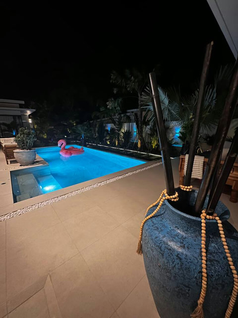 Pool by night at Villa Amala – illuminated private pool at this 3BR pool villa in Mae Nam, Koh Samui.