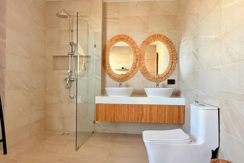 Modern double-vanity bathroom with walk-in shower at Villa Jo in Bophut