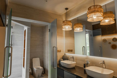 stylish bathroom and outdoor bathtub