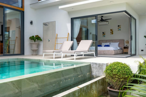 Pool terrace with bedroom access, sun loungers and tropical garden surroundings - Green Garden Villa Bophut