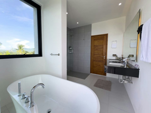 right spacious bathroom with bathtub, shower and modern vanity.