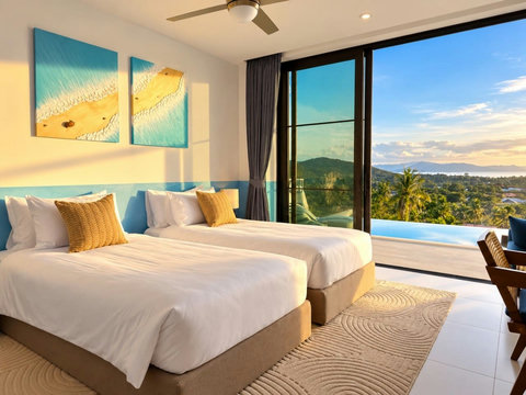 Twin bedroom with beautiful sea and tropical views directly from the room