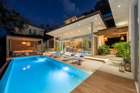 Pool lit up at night