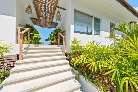 Tropical garden stairway to the entrance