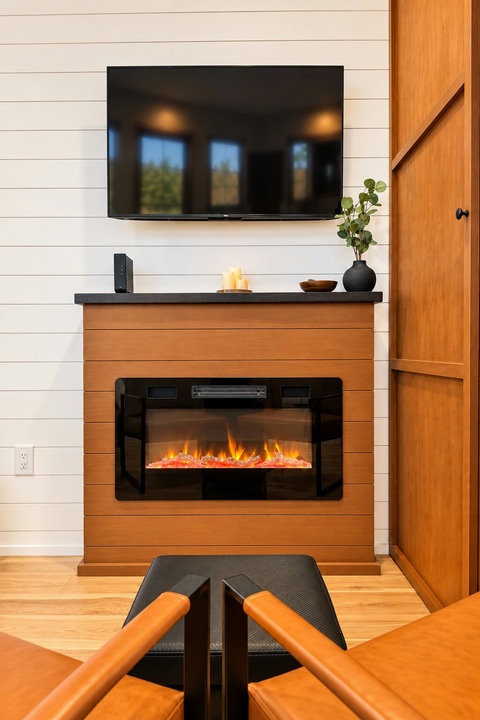 Tiny house living room with tv and fireplace