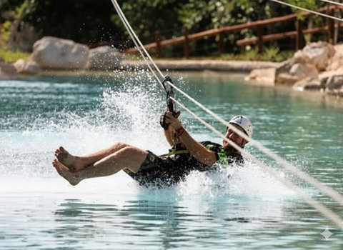Thrill-seeker fun: zipline over a turquoise lagoon with a splash landing.
