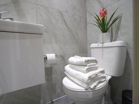Modern bathroom, Towels, Shower gel, Hair dryer, Conditioner, Shampoo, Soap