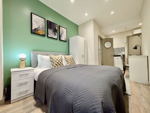 Located on the first floor, this welcoming suite includes a double bed, Smart 40" TV, WiFi, ensuite, and kitchenette with fridge freezer and tea & coffee setup, plus a workspace, wardrobe, and hair dryer for added convenience.