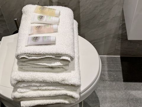 Enjoy a modern bathroom stocked with fresh, plush towels and premium toiletries, including luxurious shower gel, shampoo, conditioner, and soap. Everything you need for a comfortable and pampering experience.
