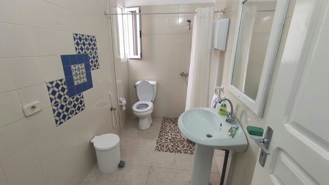 Salle d’eau moderne avec douche à l’italienne, serviettes propres et sèche-cheveux. Espace lumineux et fonctionnel pour un confort optimal.