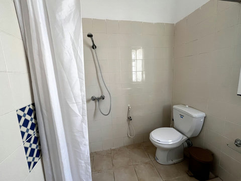 Salle d’eau moderne avec douche à l’italienne, serviettes propres et sèche-cheveux. Espace lumineux et fonctionnel pour un confort optimal.