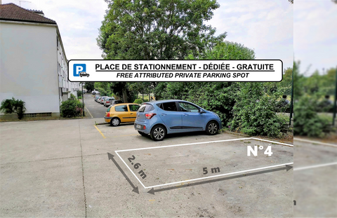 Place de stationnement privée (13m2), privée, gratuite 
*Taille large (largeur 2,6m x longueur 5m x H>2,3m)
*Située à l'intérieur de la résidence
*Sécurisée par le portail automatique