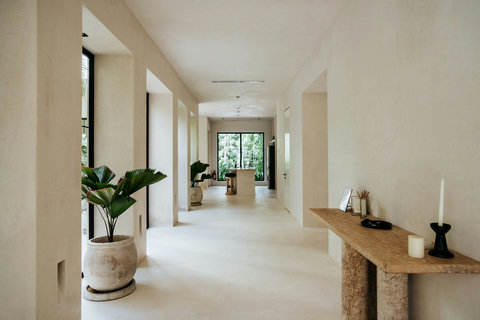 Bright corridor with modern decor and potted plants
