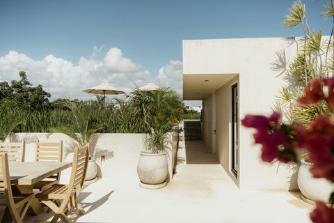 Stylish rooftop leading to covered dining and lush greenery