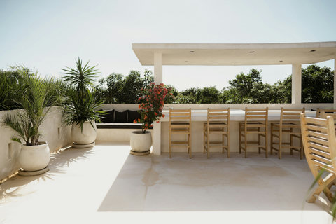 Entertainer’s rooftop with dining, lounge area, and greenery