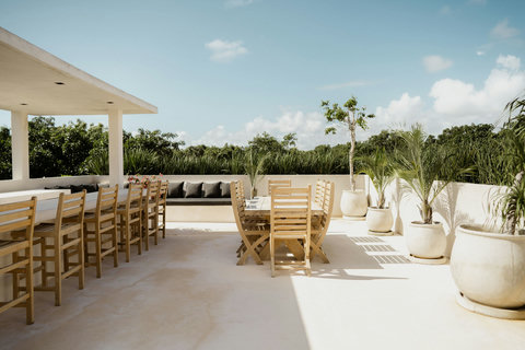 Stylish outdoor lounge with potted plants, bar, and dining area