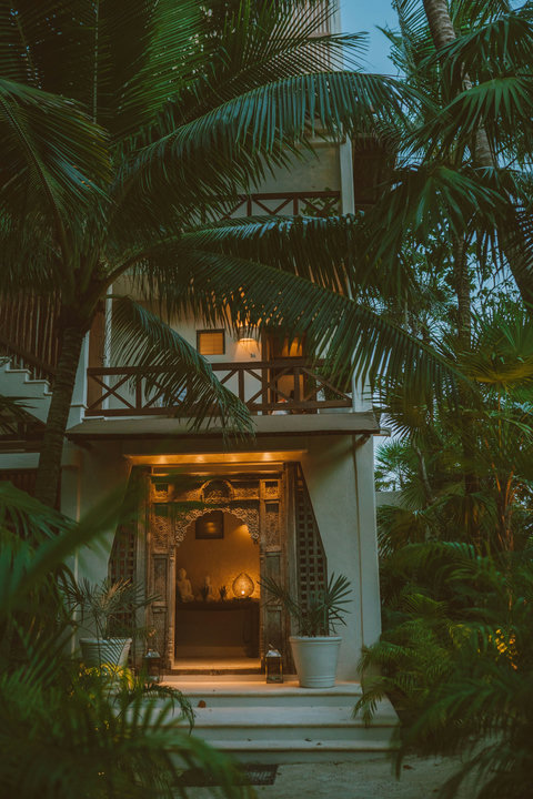 HOTEL VIEWS - Evening entry under palms.