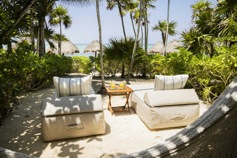 WATERFRONT SUITES - Morning brightens, twin loungers face the turquoise edge, tropical breeze carrying citrus aromas and promise of swims.